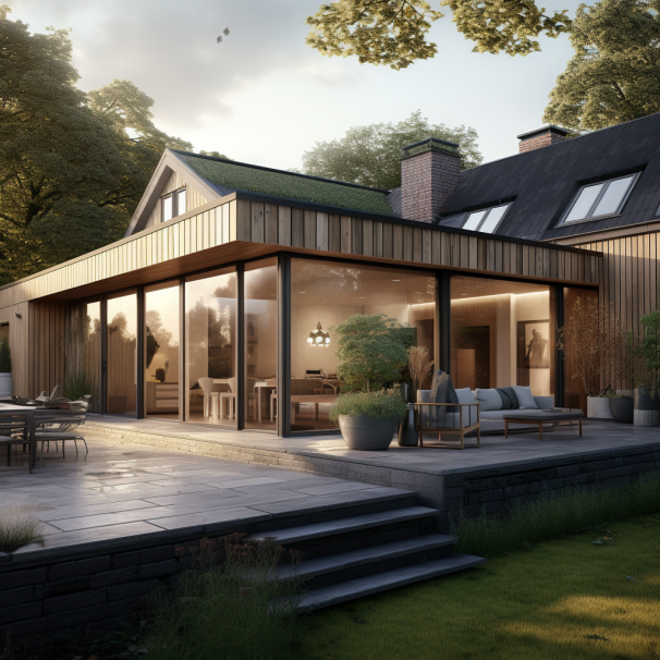 Extension en bois aux grandes baies vitrées ouvertes sur une terrasse