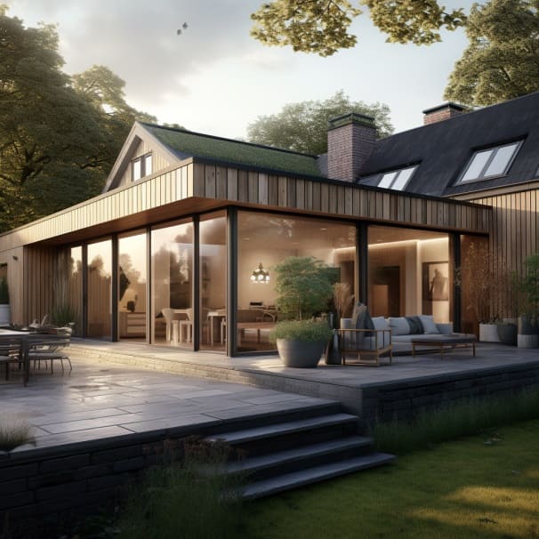 Extension en bois aux grandes baies vitrées ouvertes sur une terrasse