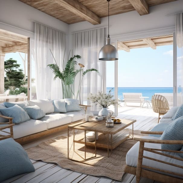 Salon lumineux ouvert sur une terrasse avec vue sur la mer