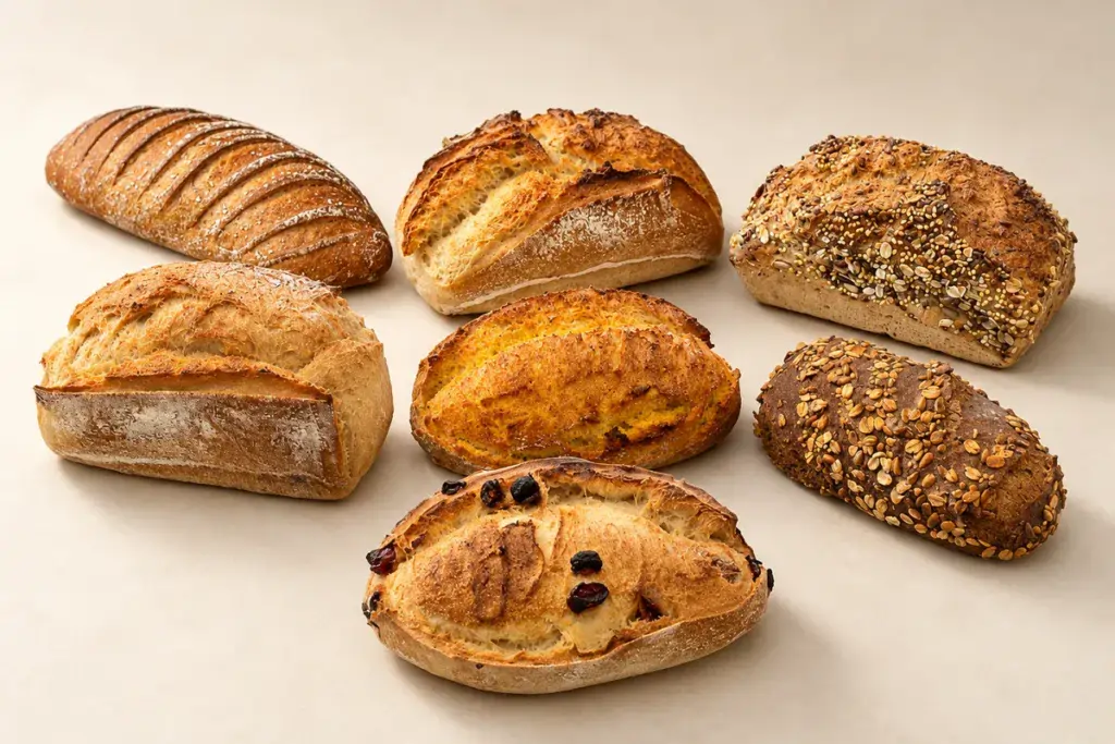 Sept pains artisanaux du fournil Farine & Vanille sur fond ivoire