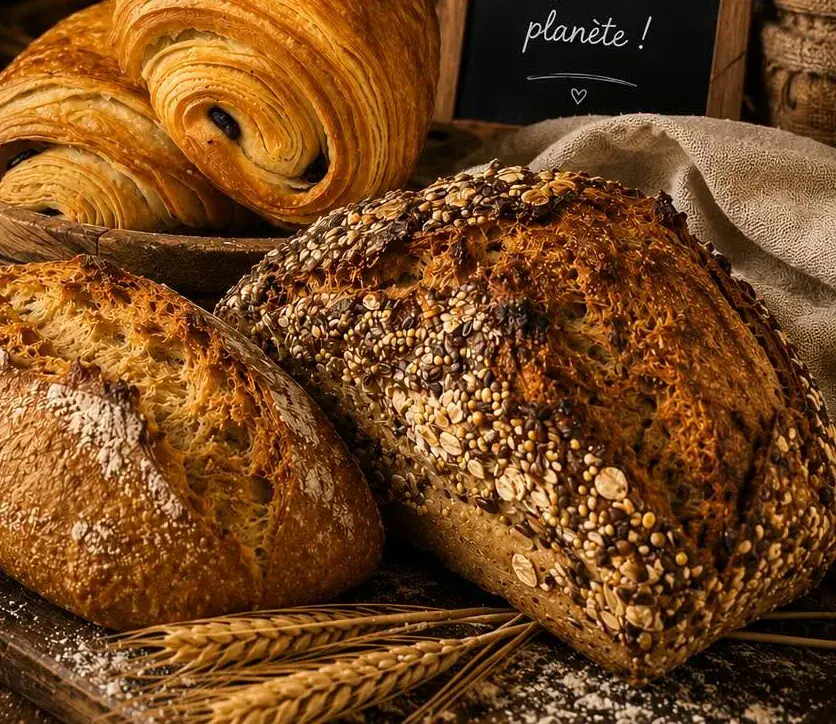 Chocolatines et pains de campagne sur une planche en bois