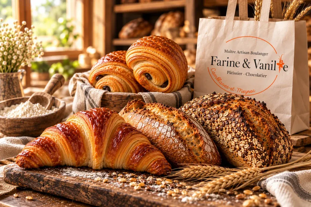 Croissants, chocolatines et pains de campagne devant le sac Farine & Vanille